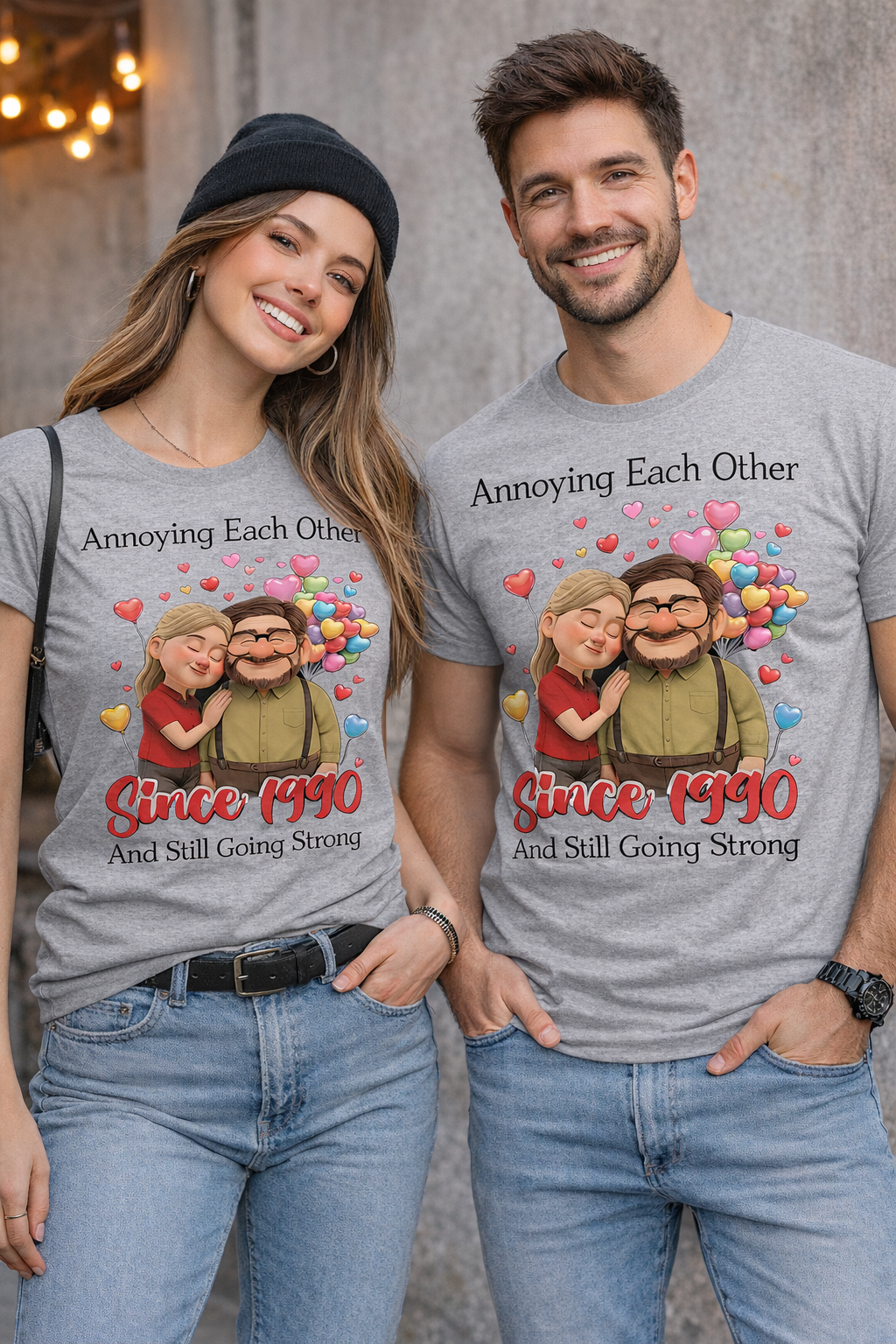 "Annoying Each Other Since" Unisex Classic Crew Tee - Trendy 3D Chibi Couple Graphic - Ironic Anniversary Gift for Gen Z