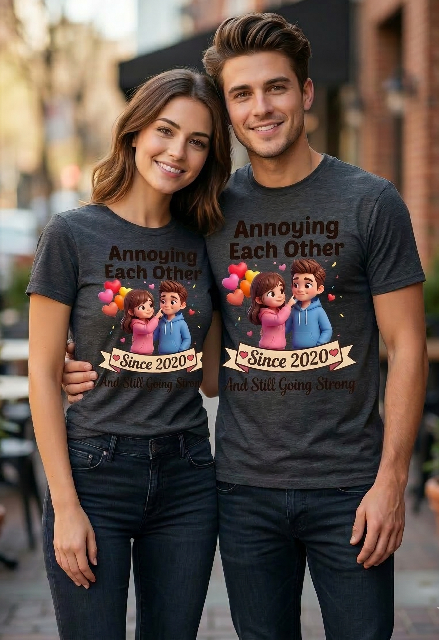 "Annoying Each Other Since" Unisex Classic Crew Tee - Trendy 3D Chibi Couple Graphic - Ironic Anniversary Gift for Gen Z