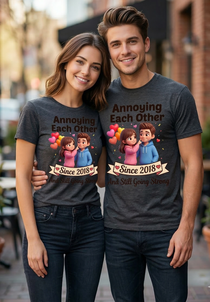 "Annoying Each Other Since" Unisex Classic Crew Tee - Trendy 3D Chibi Couple Graphic - Ironic Anniversary Gift for Gen Z