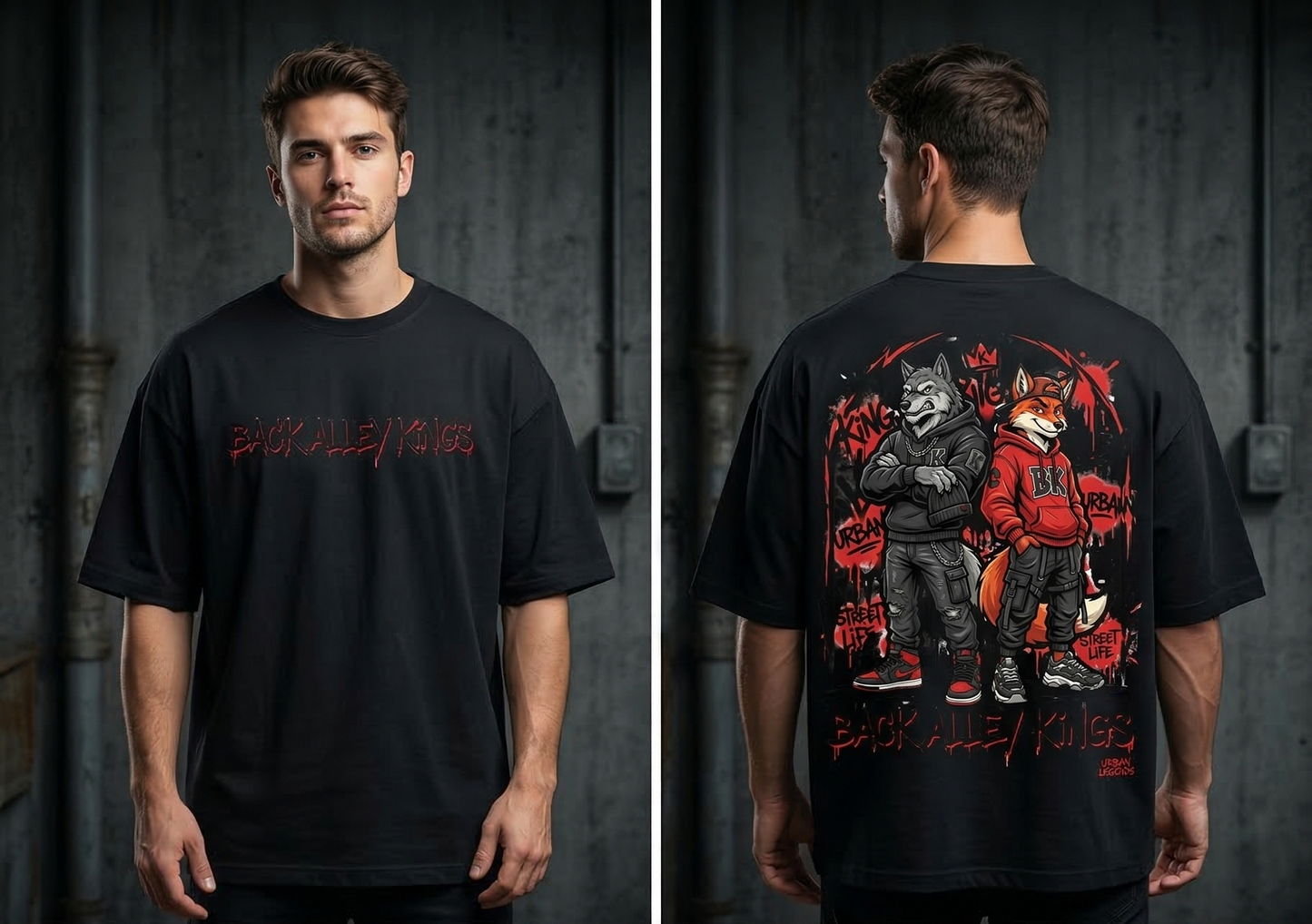 Urban Legends: "Back Alley Kings" Oversized Streetwear Graphic T-Shirt - Wolf & Fox Edition