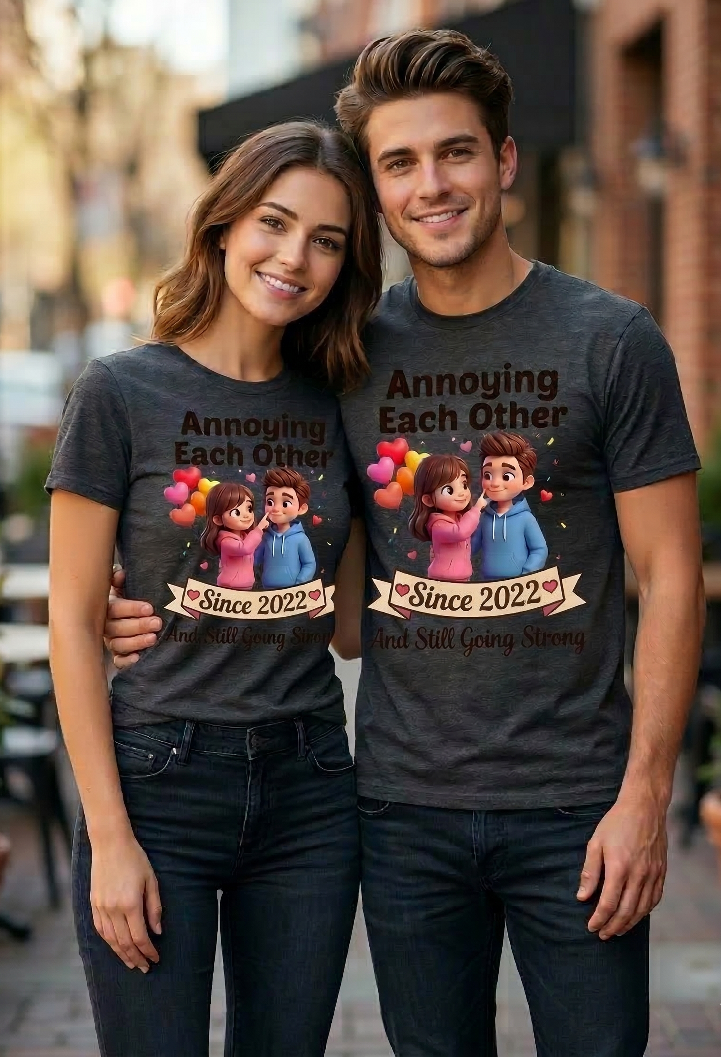 "Annoying Each Other Since" Unisex Classic Crew Tee - Trendy 3D Chibi Couple Graphic - Ironic Anniversary Gift for Gen Z