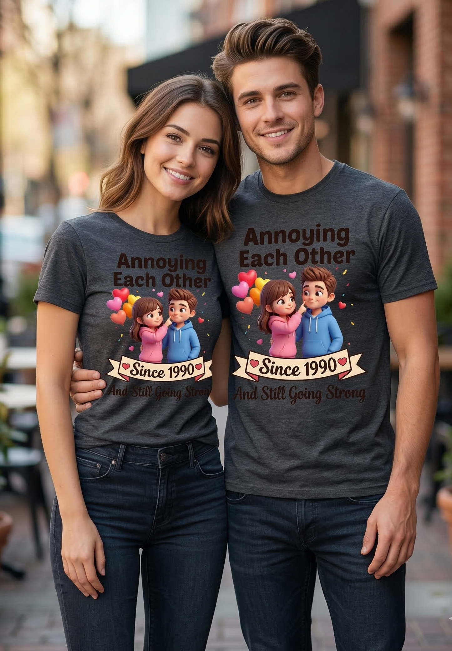 "Annoying Each Other Since" Unisex Classic Crew Tee - Trendy 3D Chibi Couple Graphic - Ironic Anniversary Gift for Gen Z