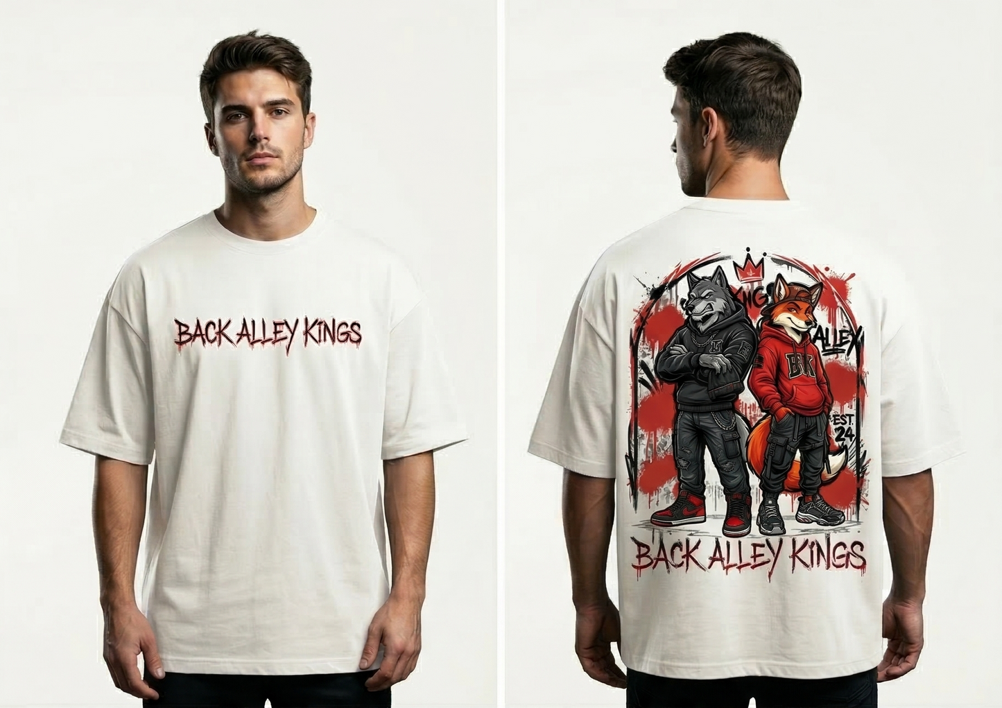 Urban Legends: "Back Alley Kings" Oversized Streetwear Graphic T-Shirt - Wolf & Fox Edition