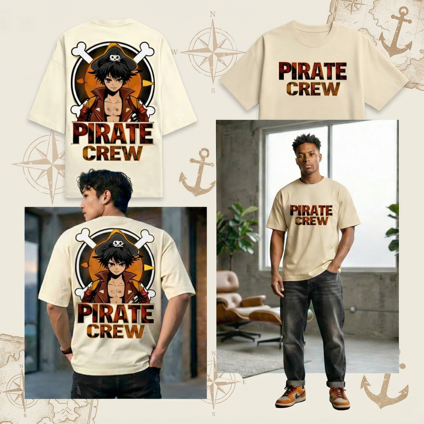 Anime Pirate Crew Graphic Oversized T-Shirt - Urban Streetwear Aesthetic