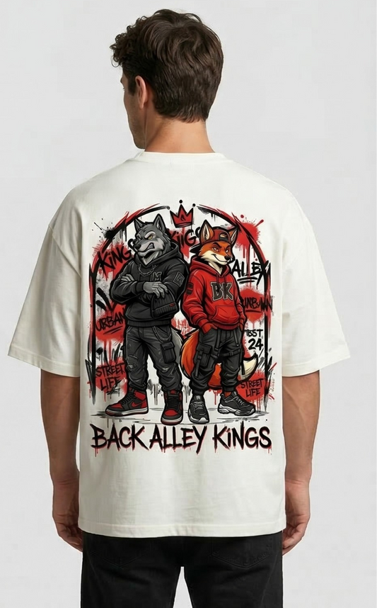 Urban Legends: "Back Alley Kings" Oversized Streetwear Graphic T-Shirt - Wolf & Fox Edition